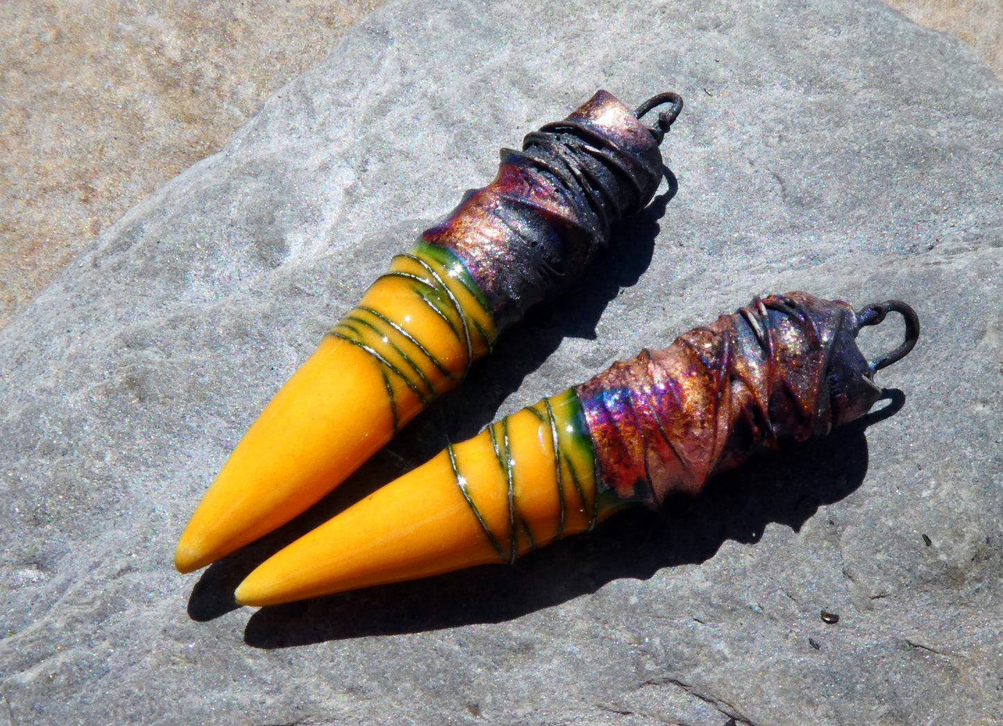 Ceramic Wire Wrapped Spike Charms - Yellow