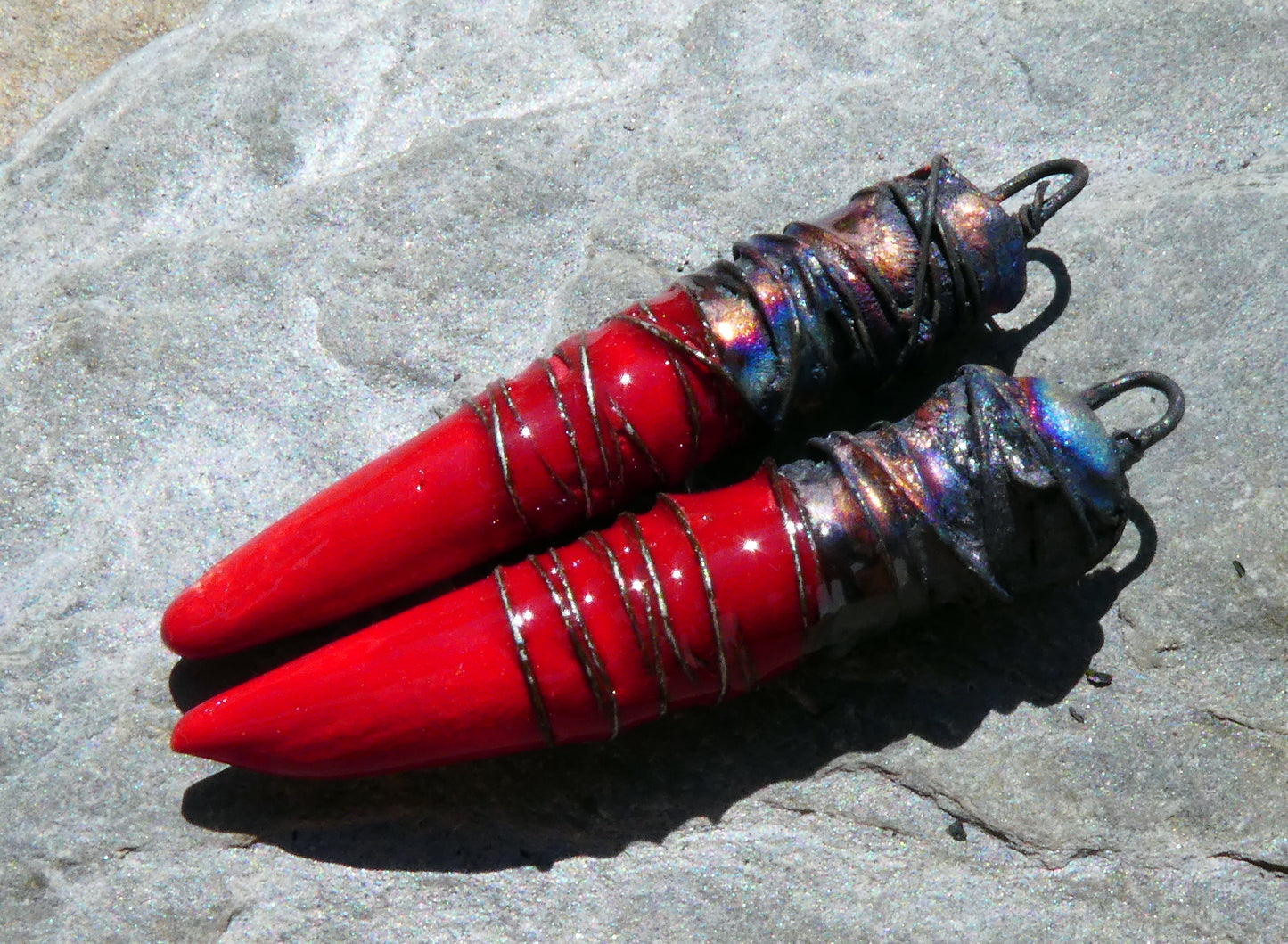 Ceramic Wire Wrapped Spike Charms - Red