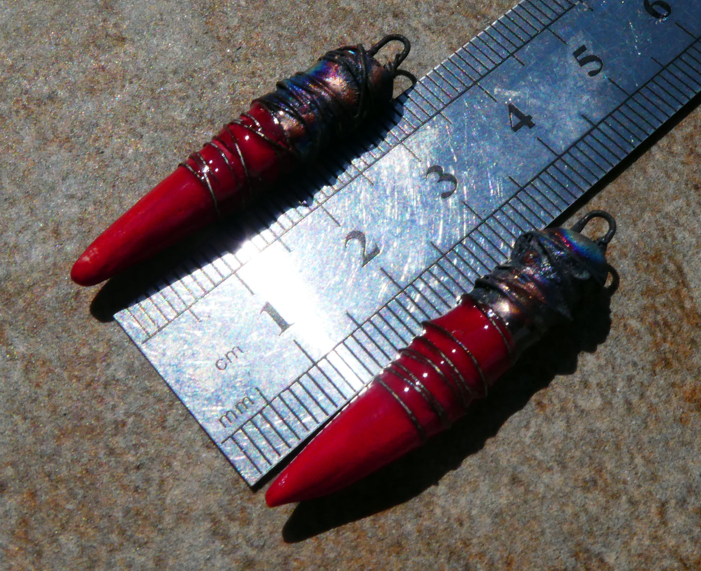 Ceramic Wire Wrapped Spike Charms - Red