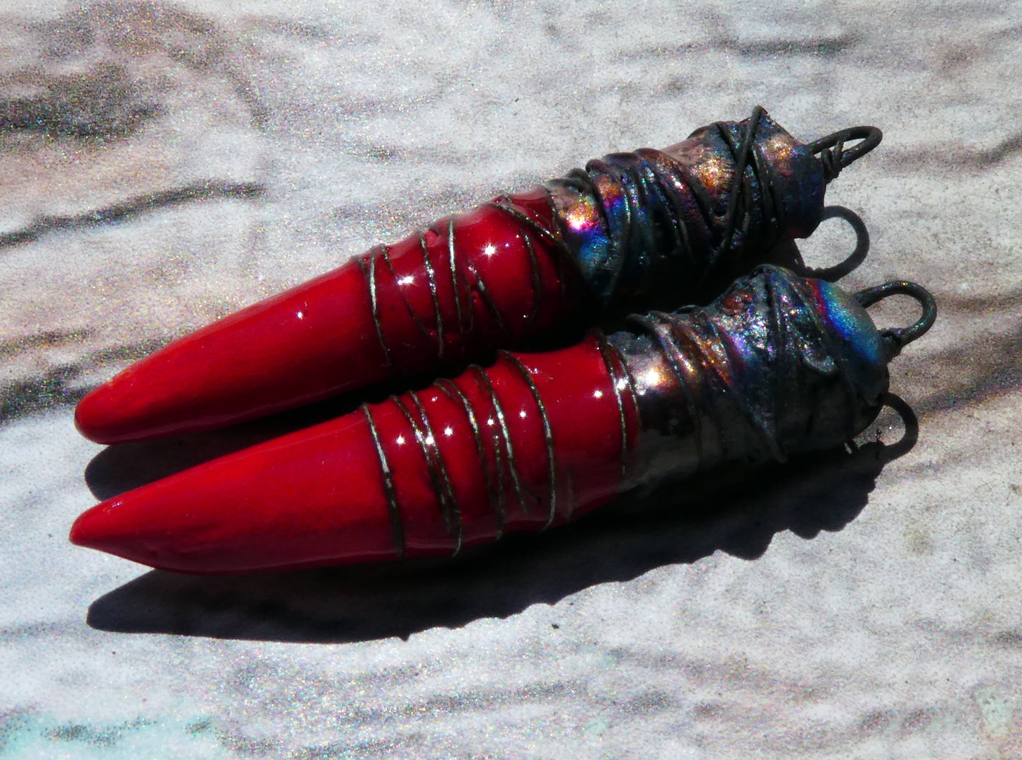 Ceramic Wire Wrapped Spike Charms - Red
