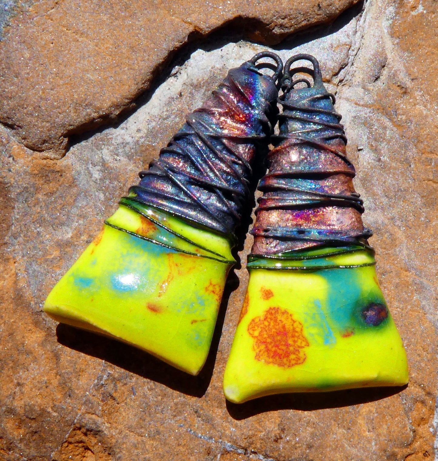 Ceramic Wire Wrapped Wedge Charms -Cherry Limeade