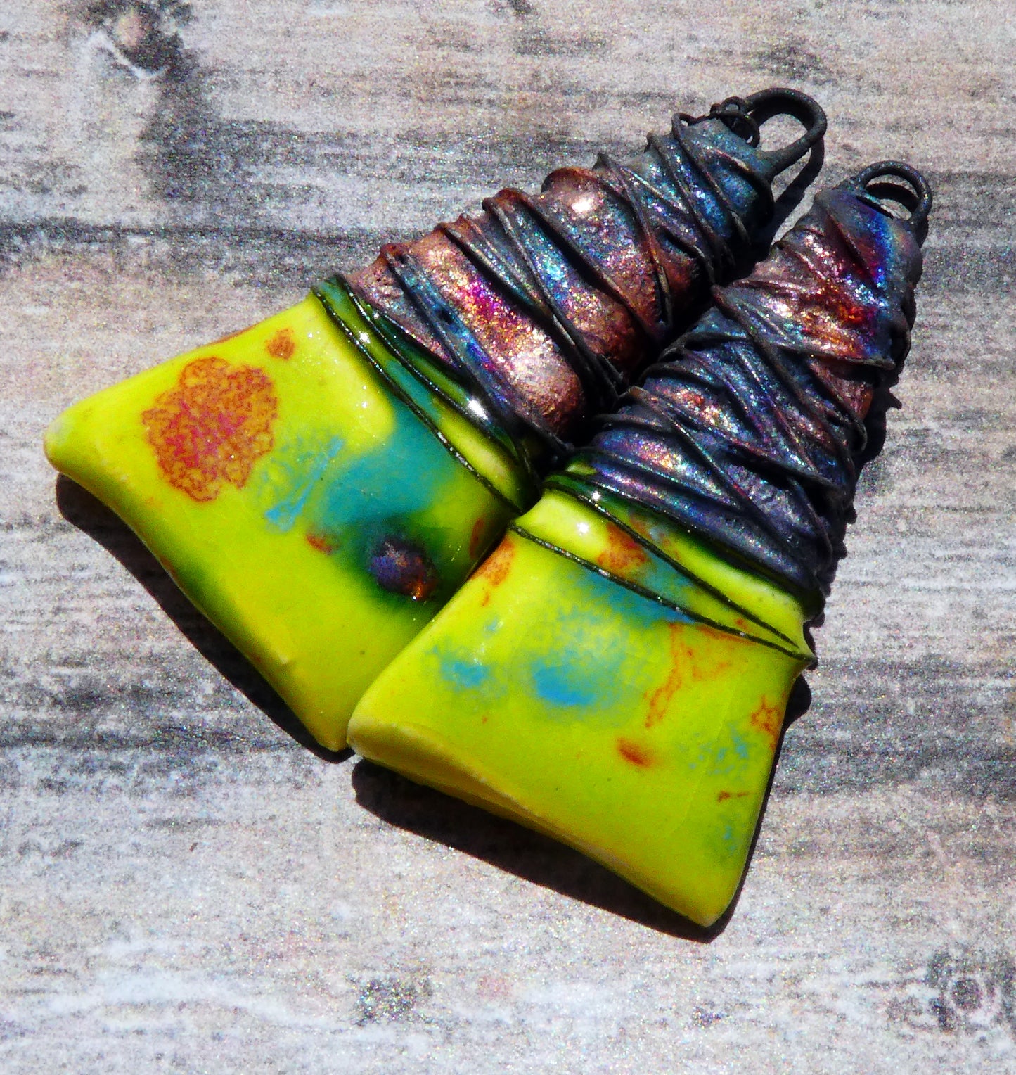 Ceramic Wire Wrapped Wedge Charms -Cherry Limeade