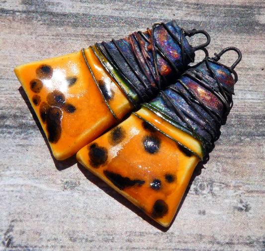 Ceramic Wire Wrapped Wedge Charms -Papaya