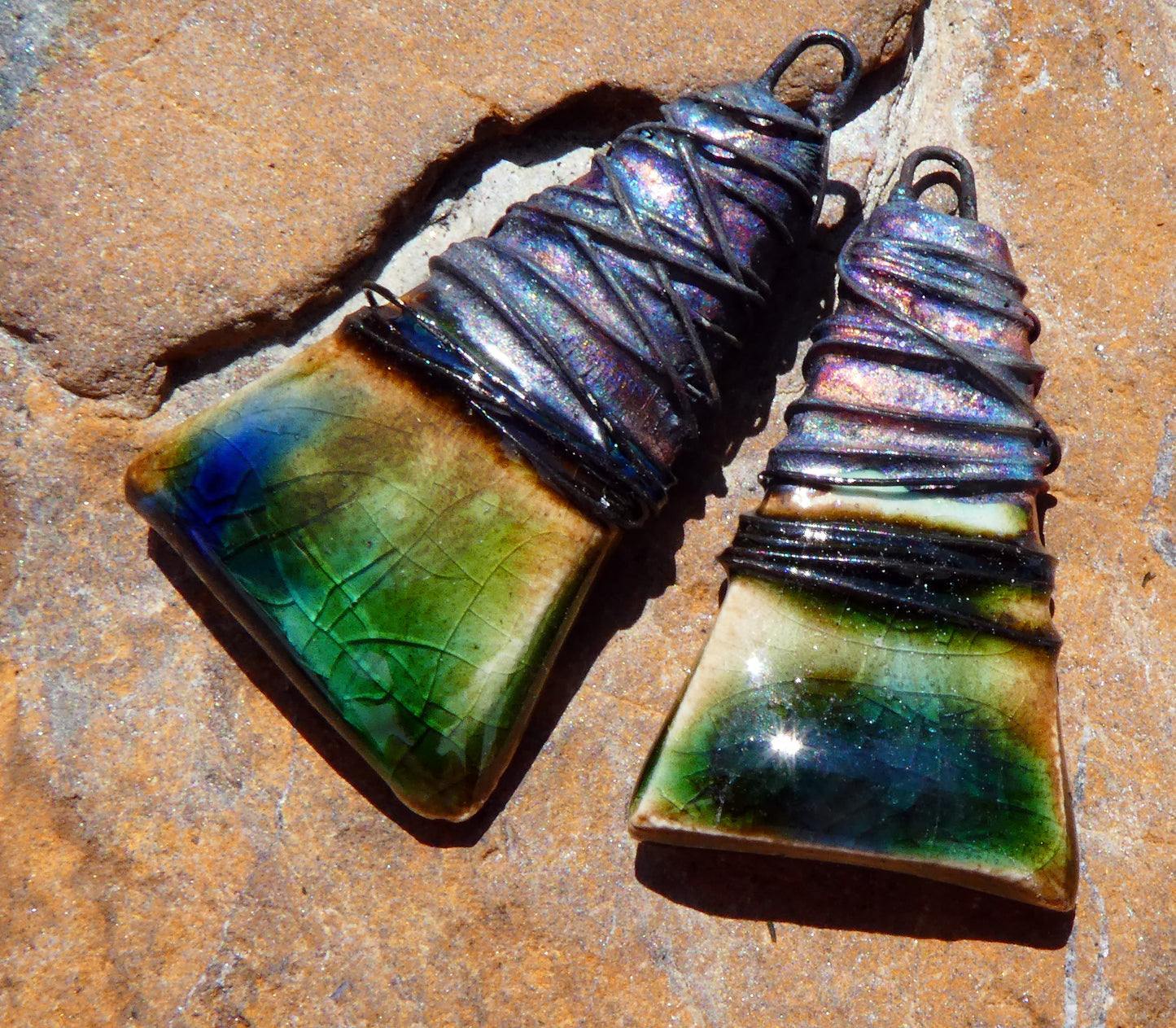 Ceramic Wire Wrapped Wedge Charms -Archaic