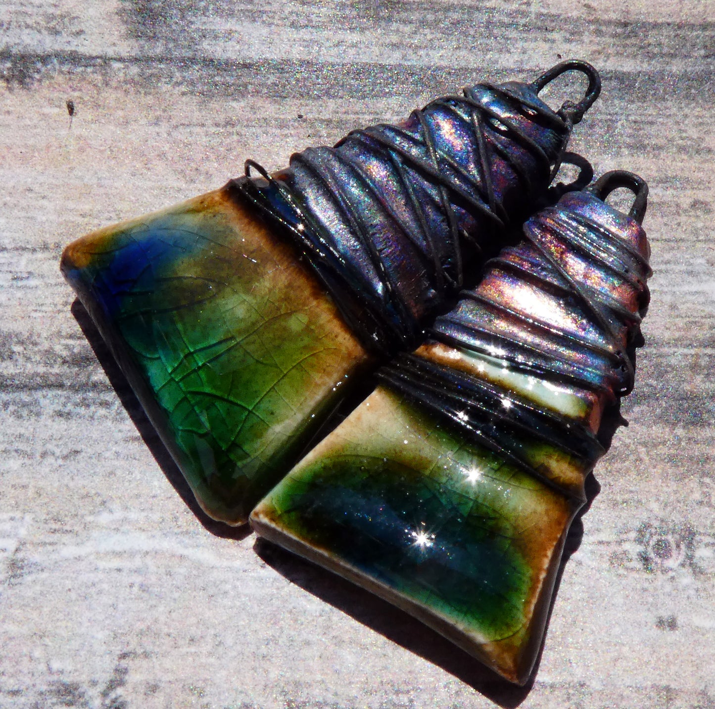 Ceramic Wire Wrapped Wedge Charms -Archaic