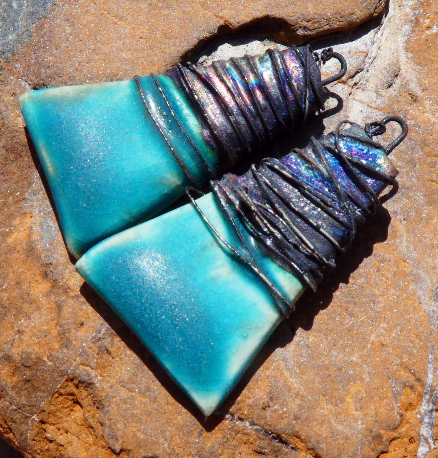 Ceramic Wire Wrapped Wedge Charms -Antique Turquoise