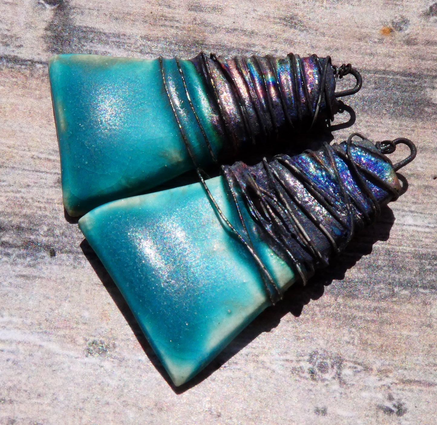 Ceramic Wire Wrapped Wedge Charms -Antique Turquoise