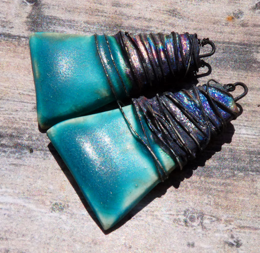 Ceramic Wire Wrapped Wedge Charms -Antique Turquoise