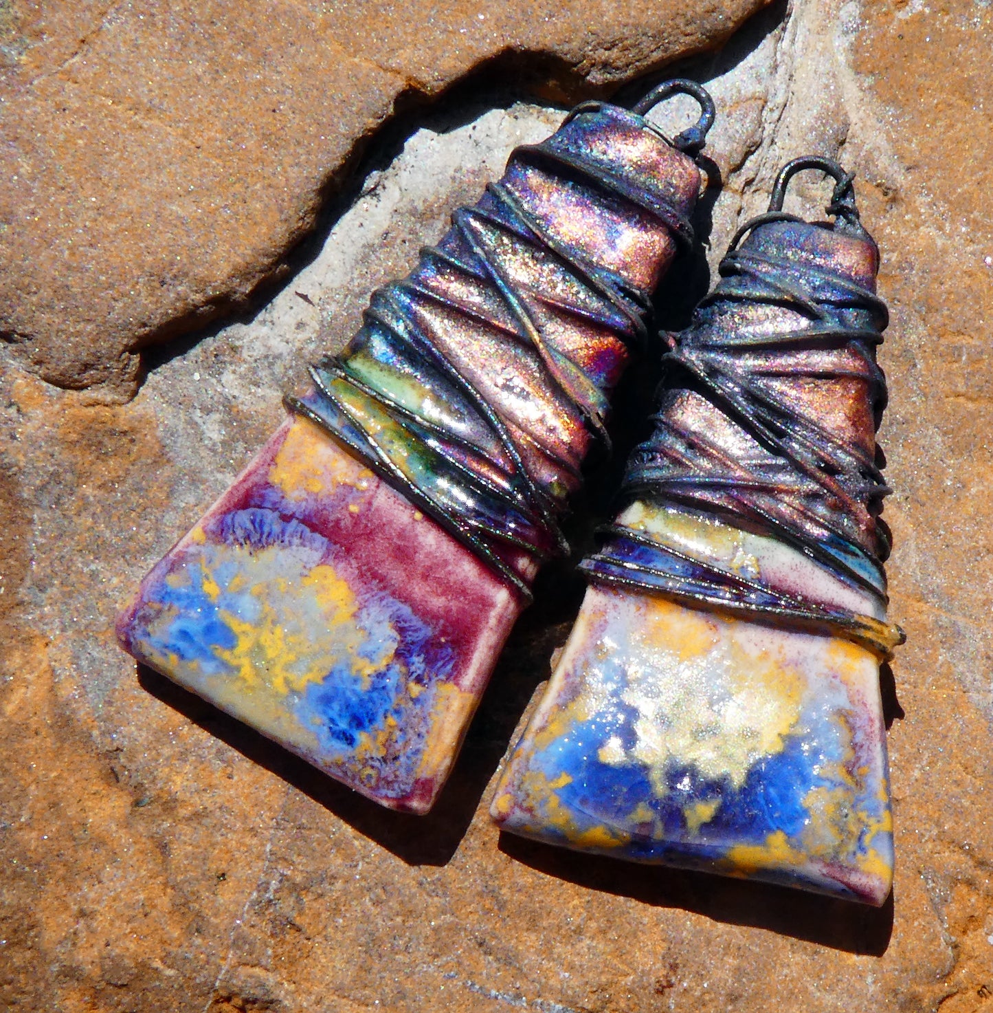 Ceramic Wire Wrapped Wedge Charms -Sailors Delight