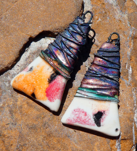 Ceramic Wire Wrapped Wedge Charms -Poppy Fields