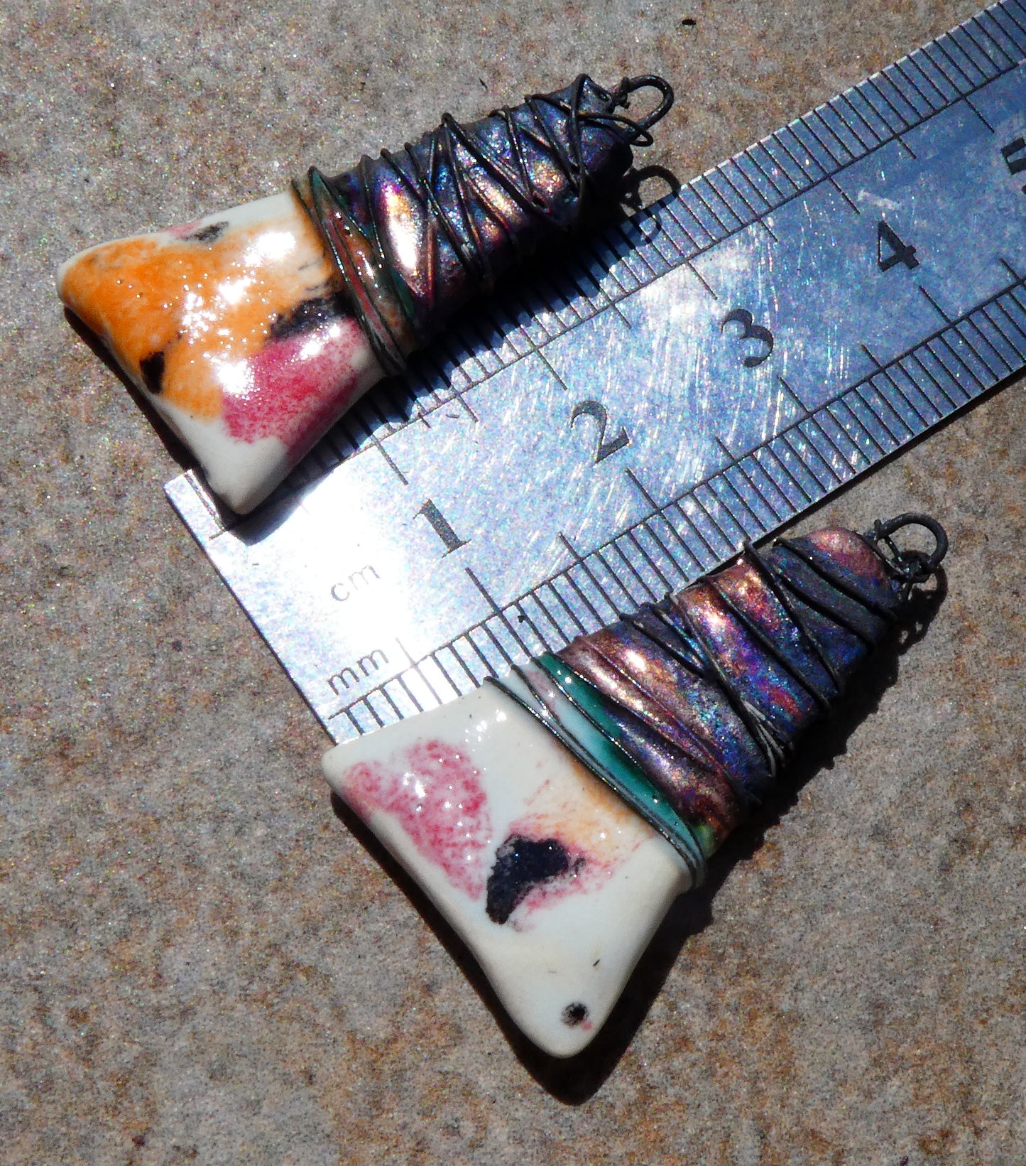 Ceramic Wire Wrapped Wedge Charms -Poppy Fields