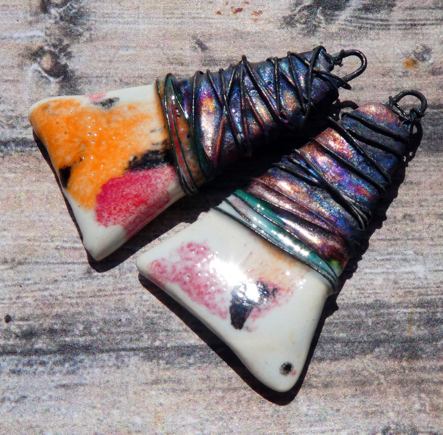 Ceramic Wire Wrapped Wedge Charms -Poppy Fields