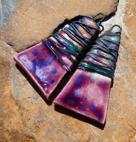 Ceramic Wire Wrapped Wedge Charms -Plum Jelly