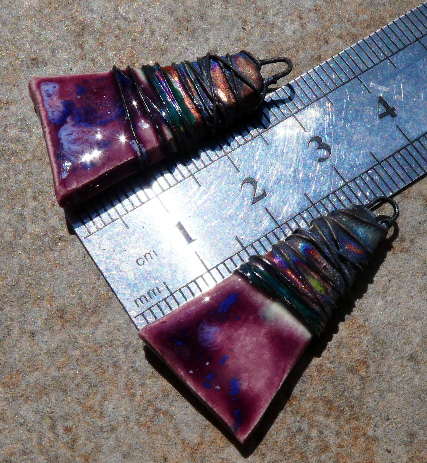 Ceramic Wire Wrapped Wedge Charms -Plum Jelly