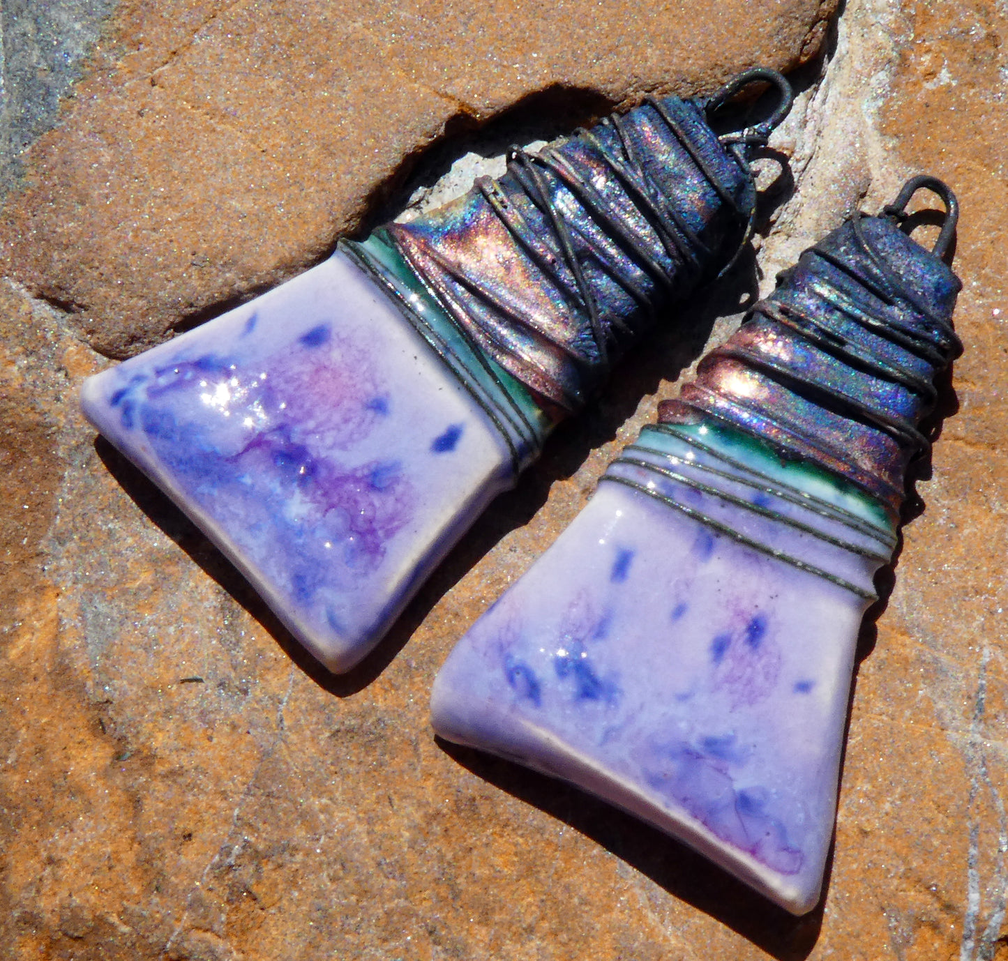 Ceramic Wire Wrapped Wedge Charms -Purple Reign