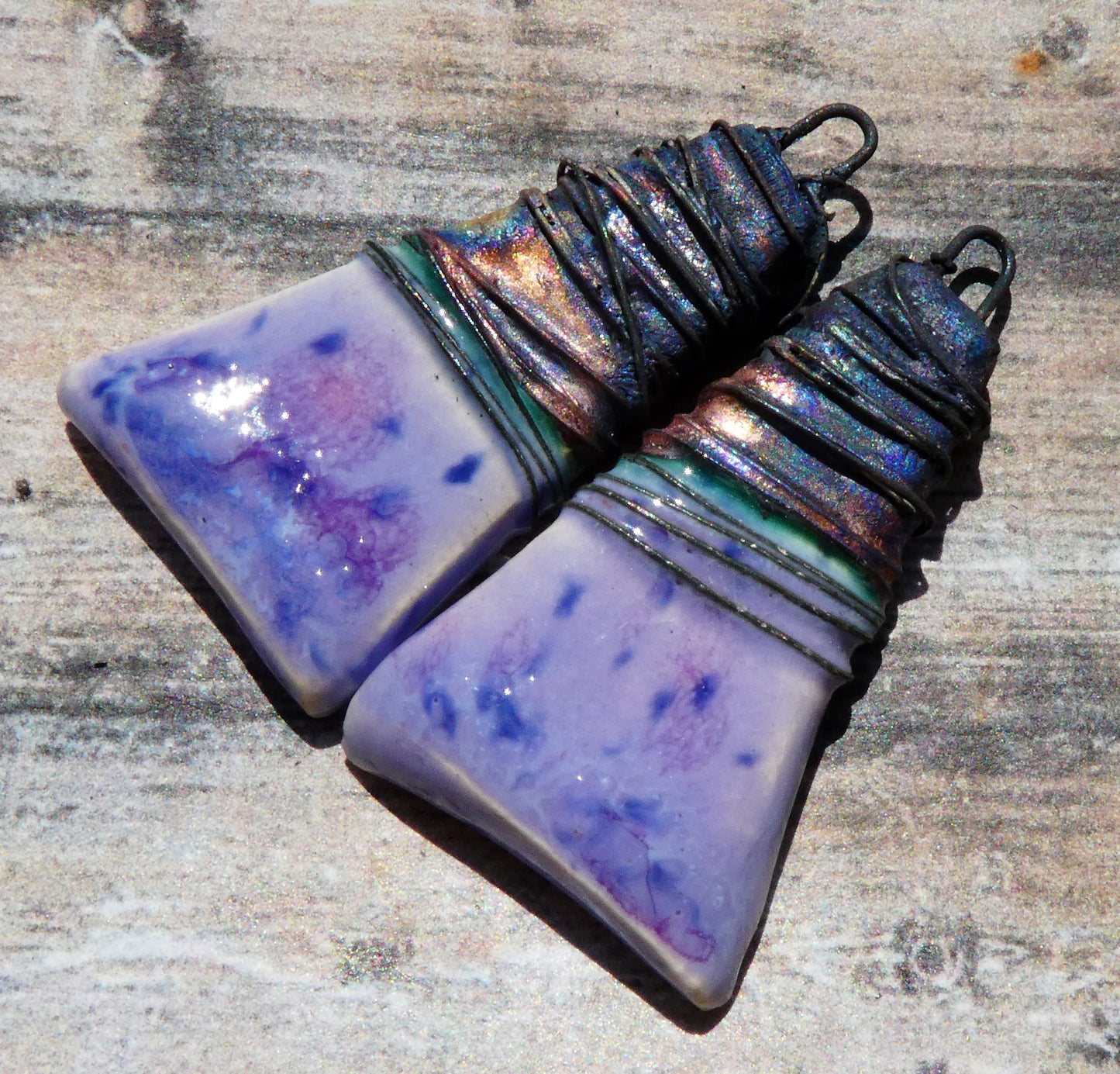 Ceramic Wire Wrapped Wedge Charms -Purple Reign