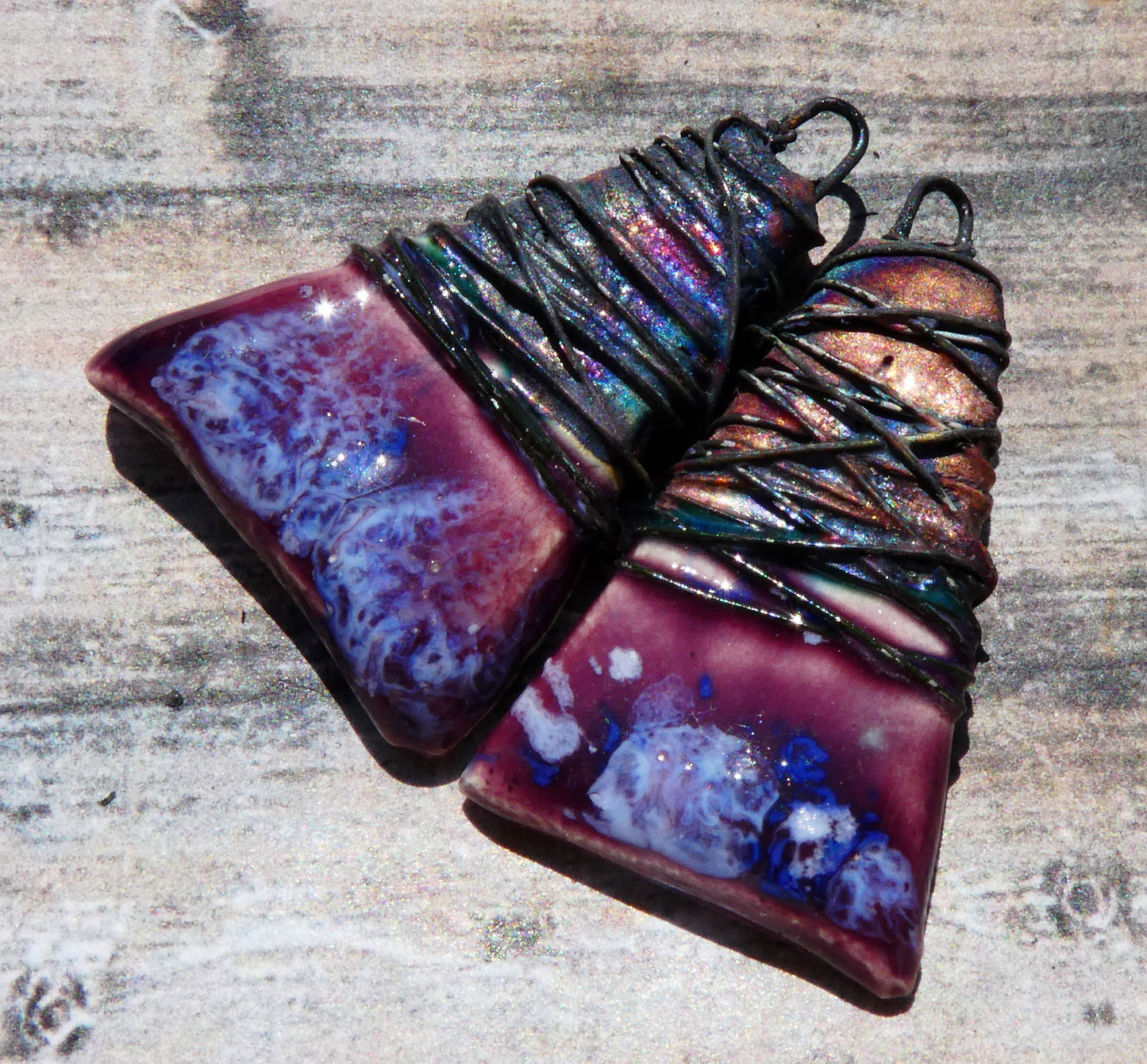 Ceramic Wire Wrapped Wedge Charms -Royal Fantasy