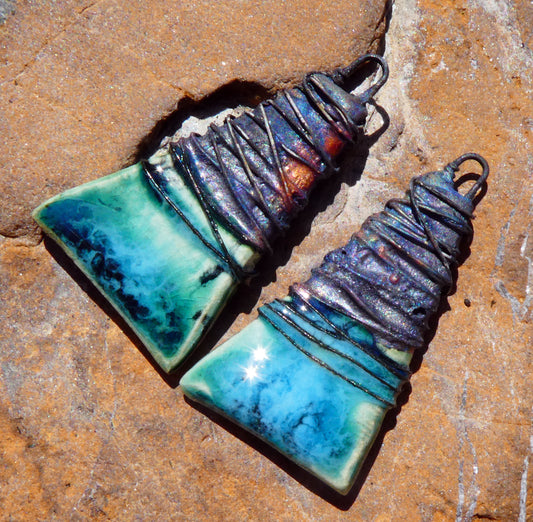 Ceramic Wire Wrapped Wedge Charms -Emerald Mist