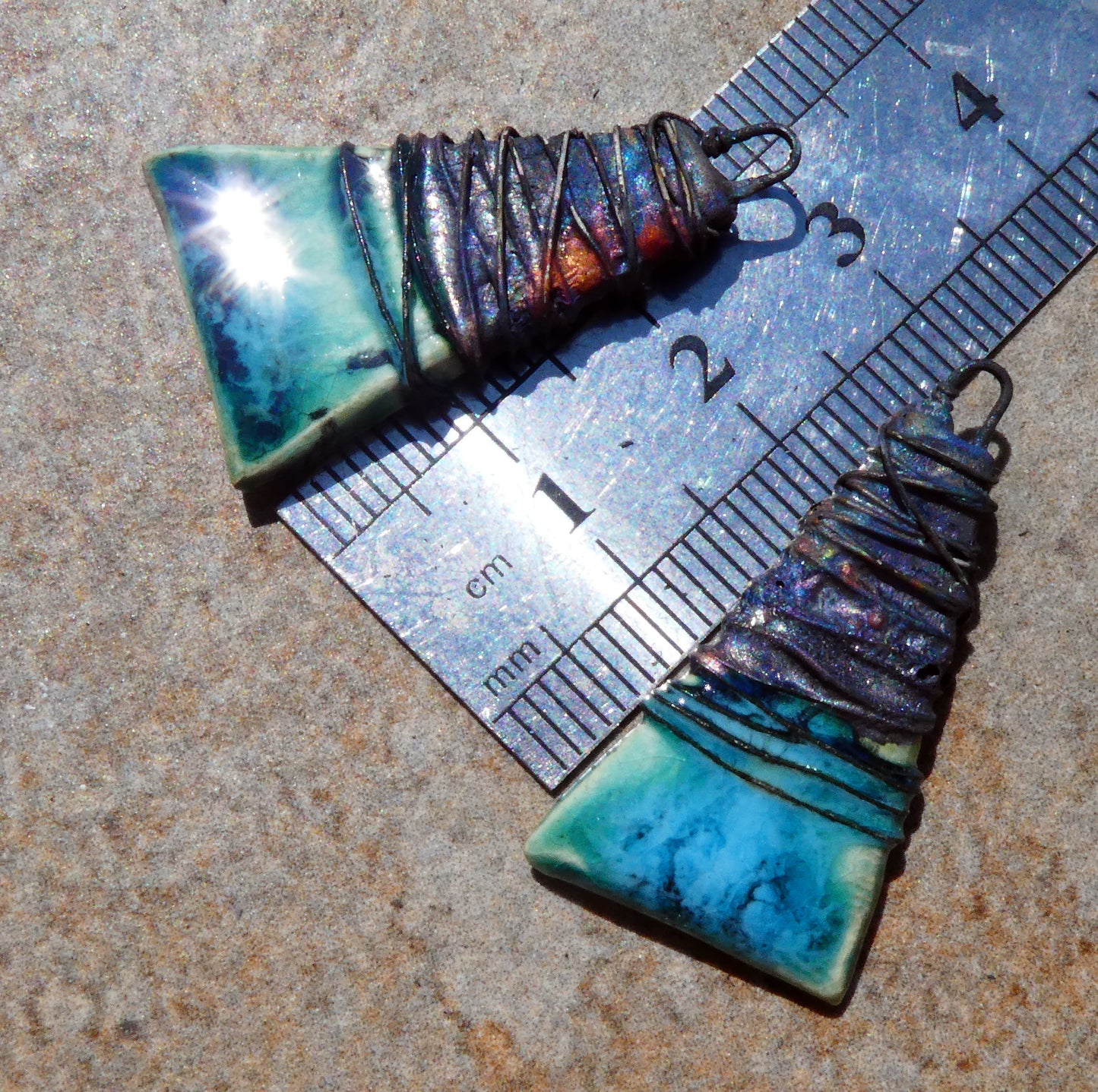 Ceramic Wire Wrapped Wedge Charms -Emerald Mist