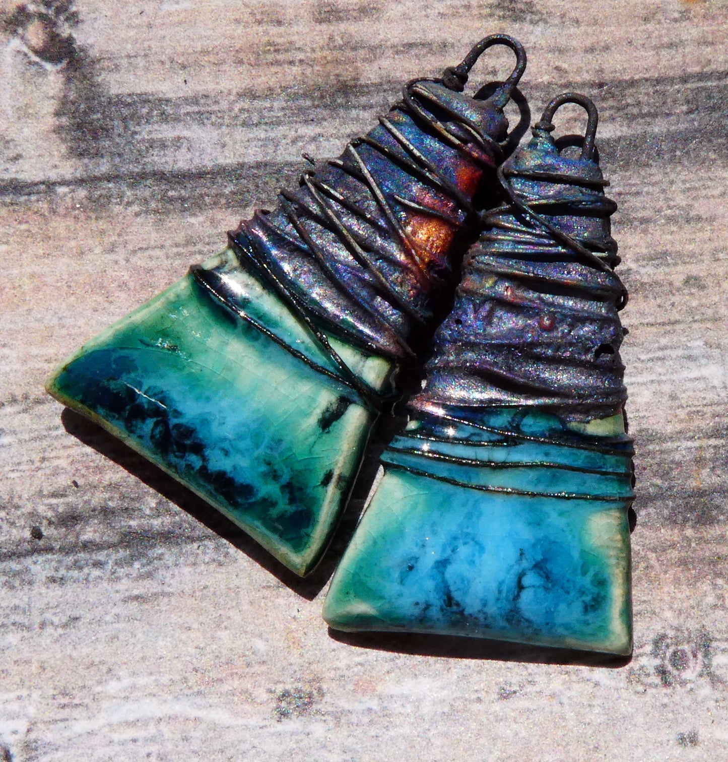 Ceramic Wire Wrapped Wedge Charms -Emerald Mist