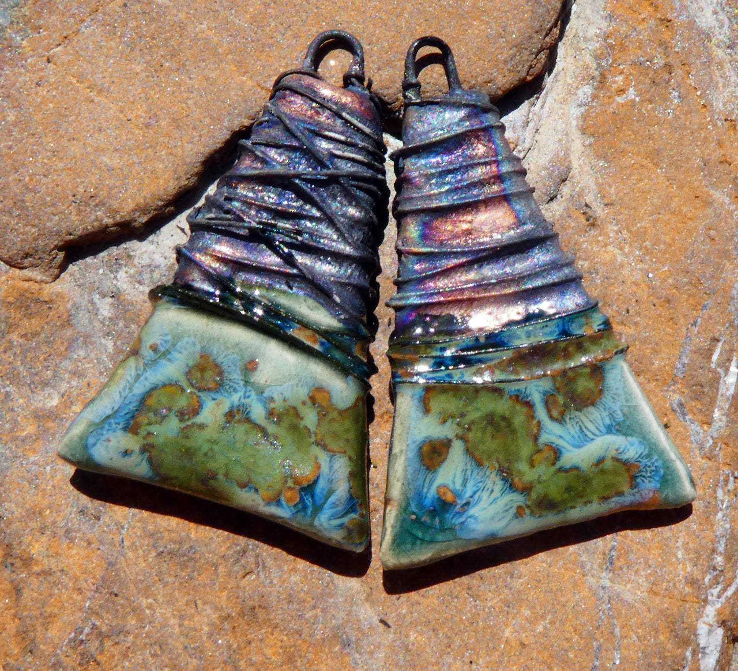 Ceramic Wire Wrapped Wedge Charms -Mystic Jade