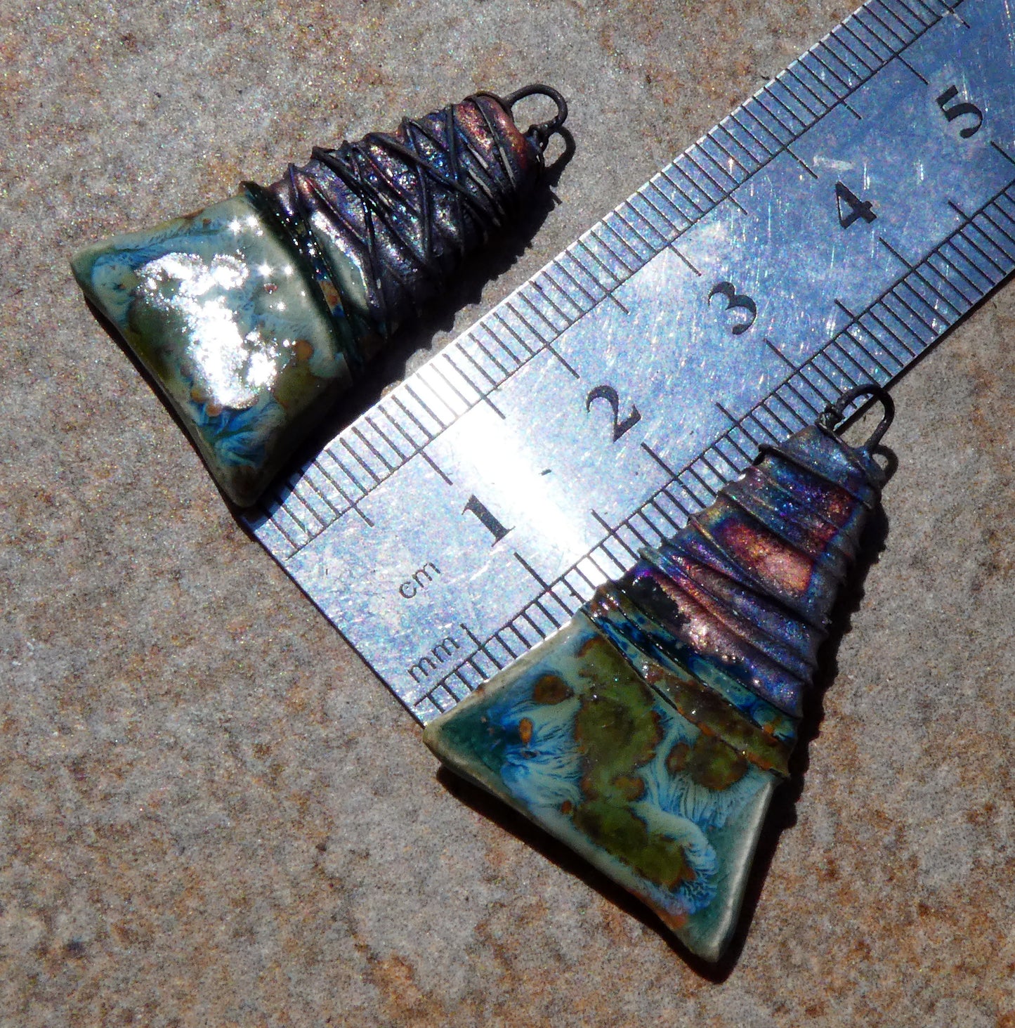 Ceramic Wire Wrapped Wedge Charms -Mystic Jade