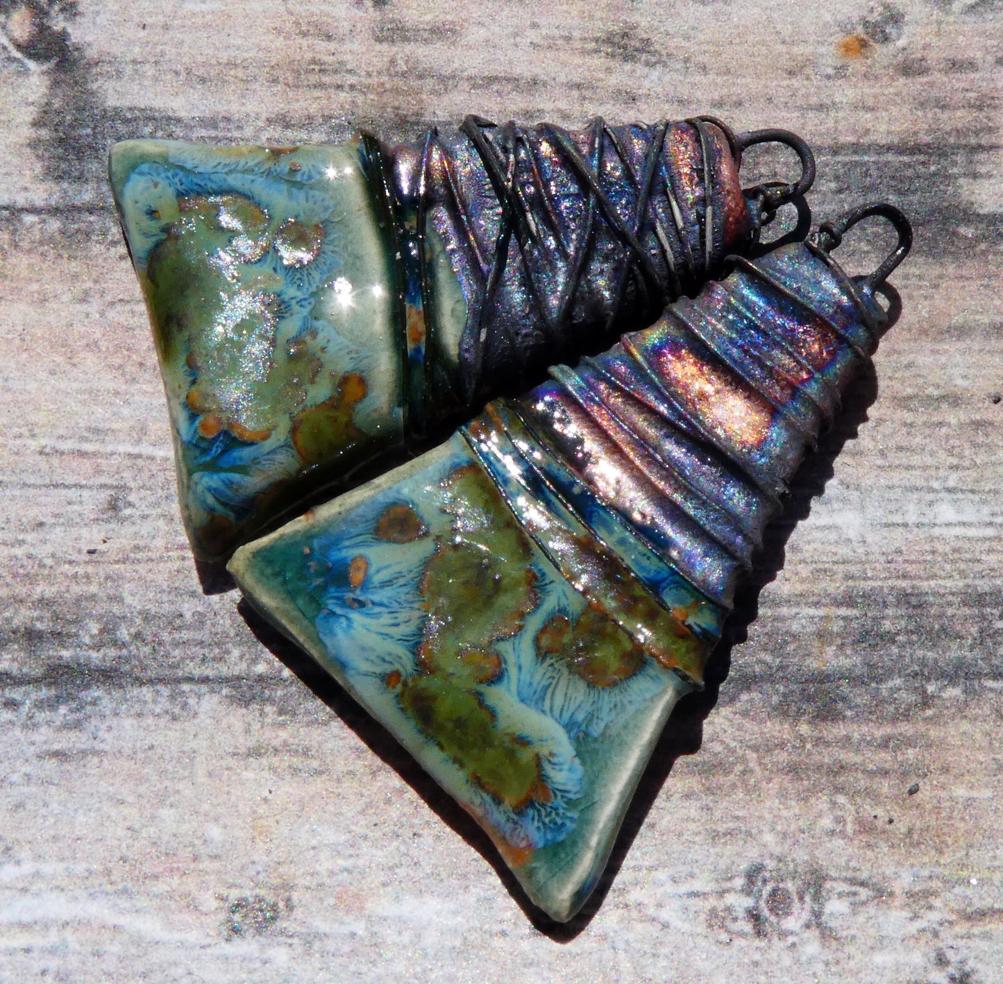 Ceramic Wire Wrapped Wedge Charms -Mystic Jade