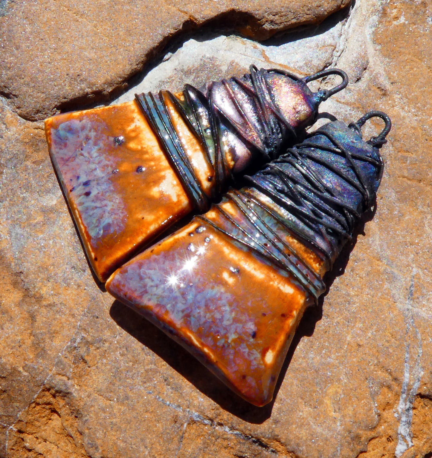 Ceramic Wire Wrapped Wedge Charms -Amber Ash
