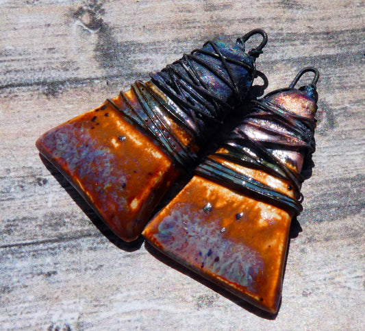 Ceramic Wire Wrapped Wedge Charms -Amber Ash