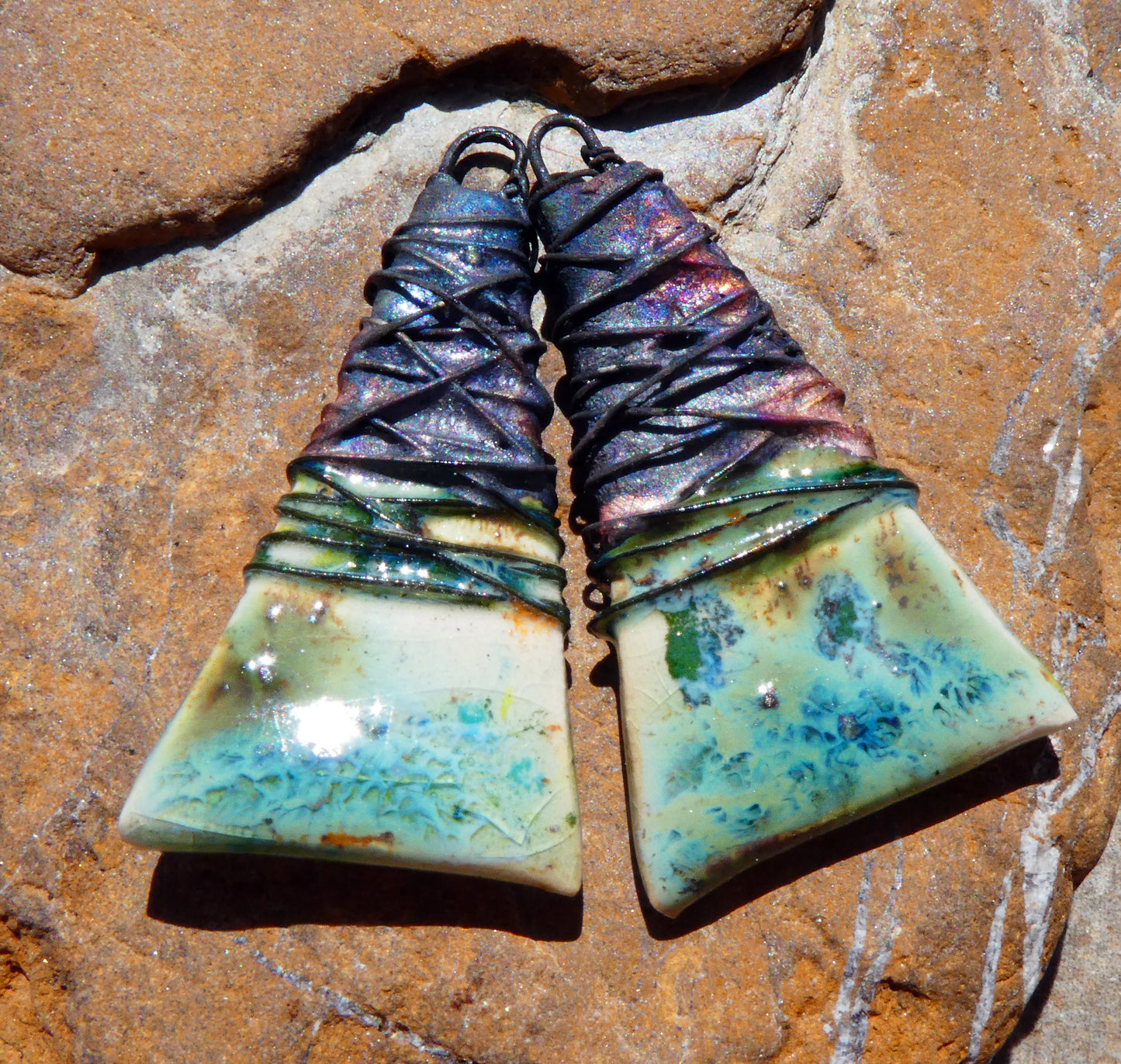 Ceramic Wire Wrapped Wedge Charms -Herb Garden