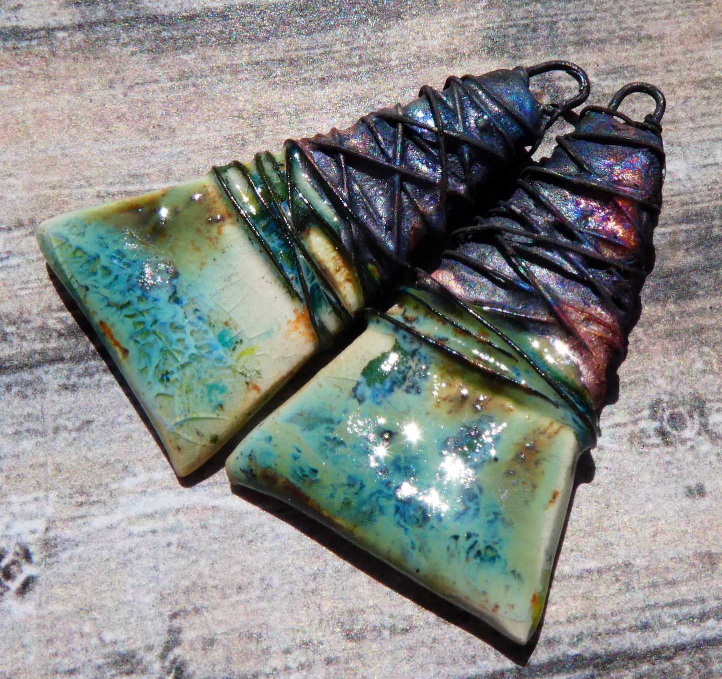 Ceramic Wire Wrapped Wedge Charms -Herb Garden
