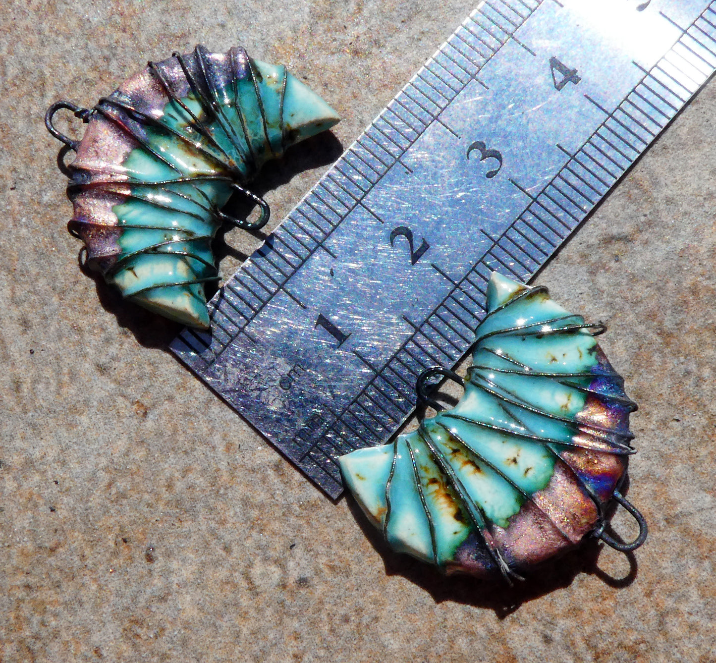 Ceramic Wire Wrapped Crescent Connectors - Blue Guppy