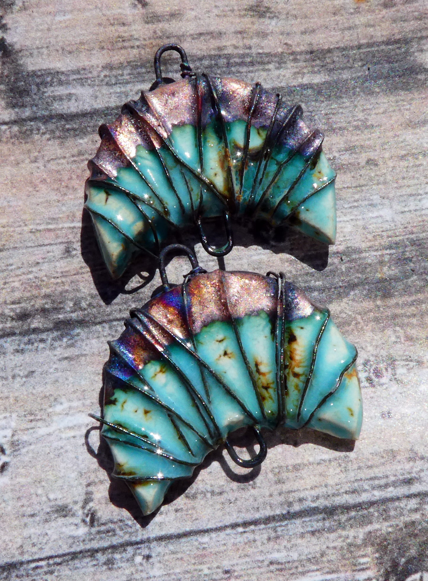 Ceramic Wire Wrapped Crescent Connectors - Blue Guppy