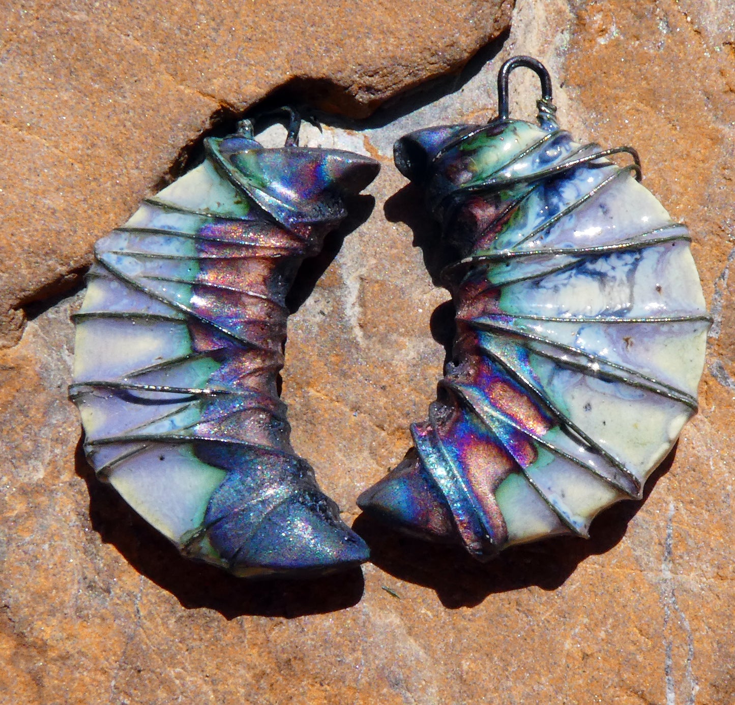 Ceramic Wire Wrapped Crescent Charms -Glacier Fire