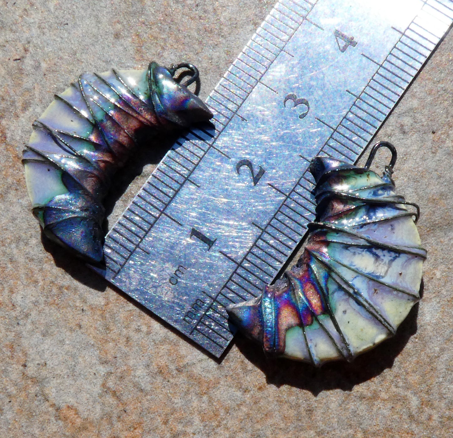 Ceramic Wire Wrapped Crescent Charms -Glacier Fire