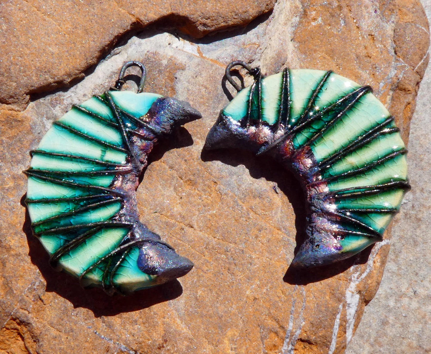 Ceramic Wire Wrapped Crescent Charms -Jurassic