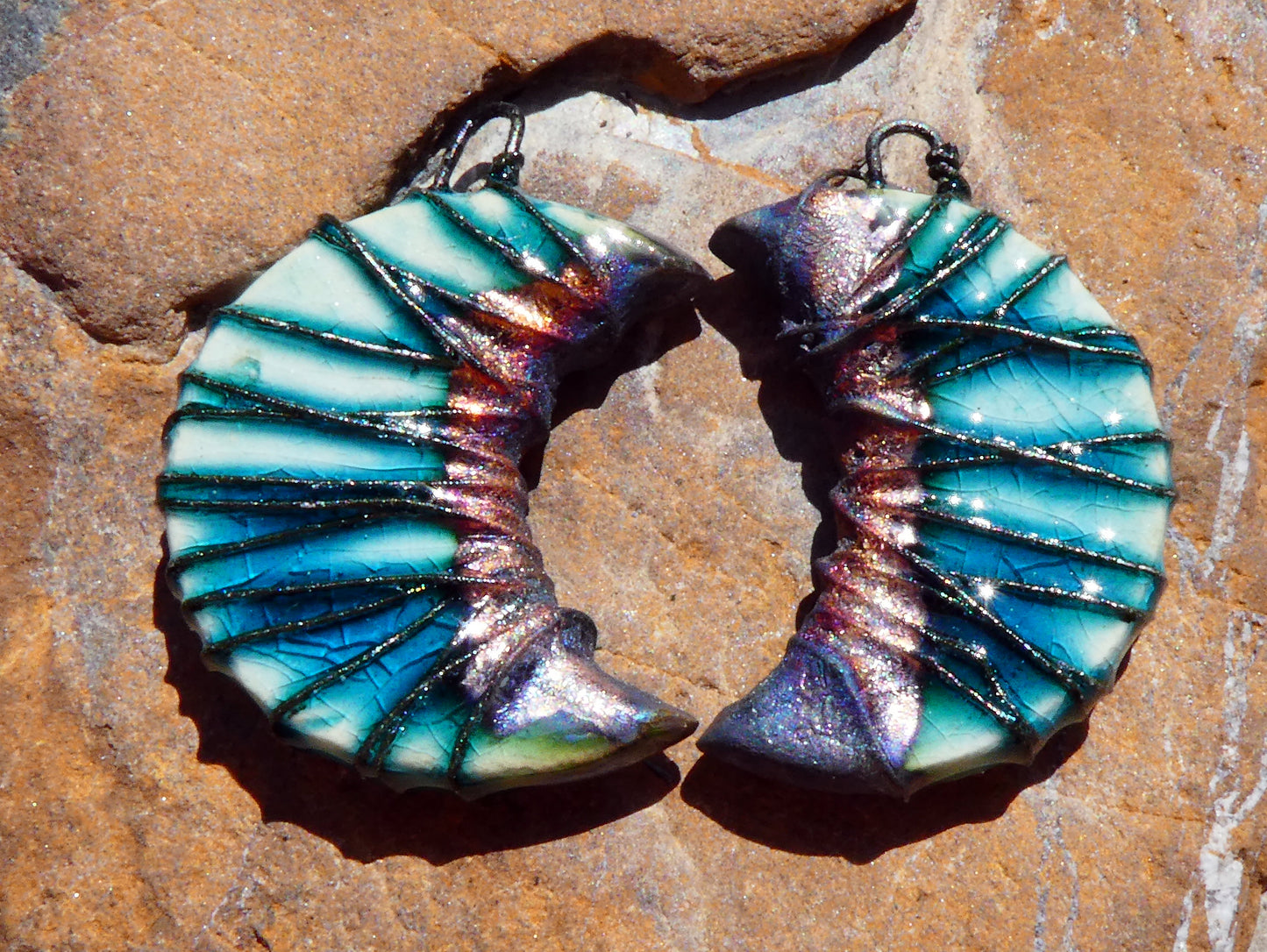 Ceramic Wire Wrapped Crescent Charms -Oriental Blue