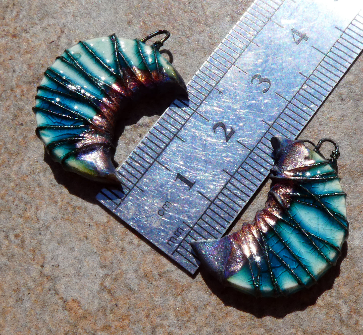 Ceramic Wire Wrapped Crescent Charms -Oriental Blue