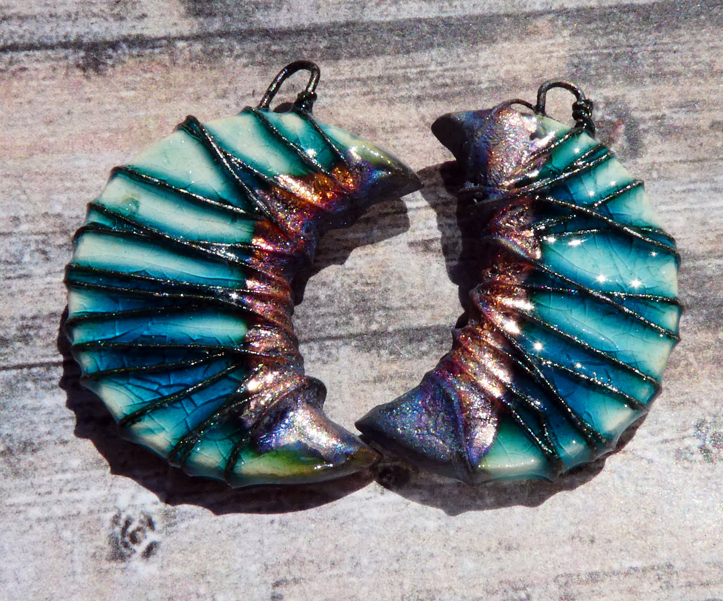 Ceramic Wire Wrapped Crescent Charms -Oriental Blue