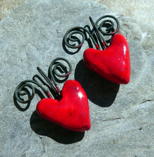 Ceramic Curly Wire Heart Charms - Red