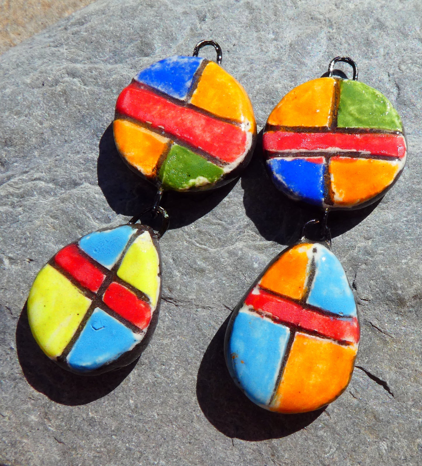 Ceramic Sgraffito Disc and Teardrop Dangles #1