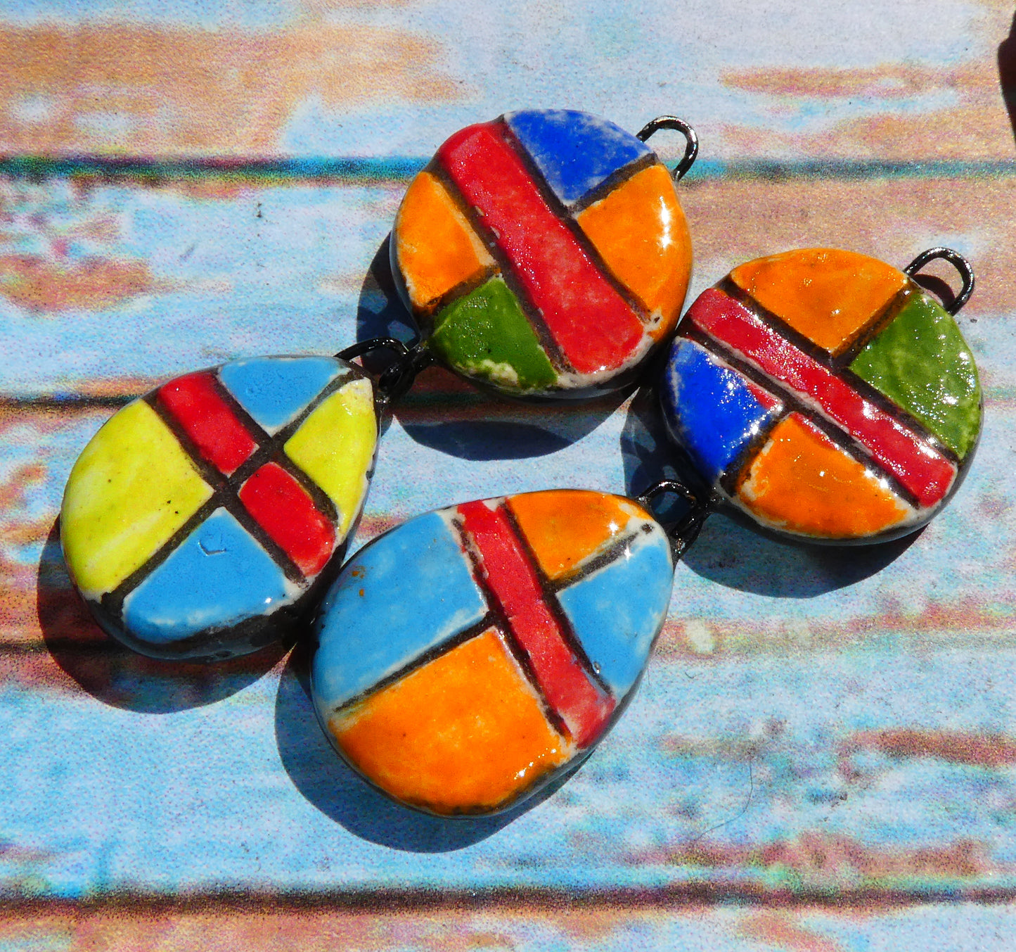 Ceramic Sgraffito Disc and Teardrop Dangles #1