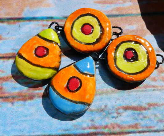 Ceramic Sgraffito Disc and Teardrop Dangles #2
