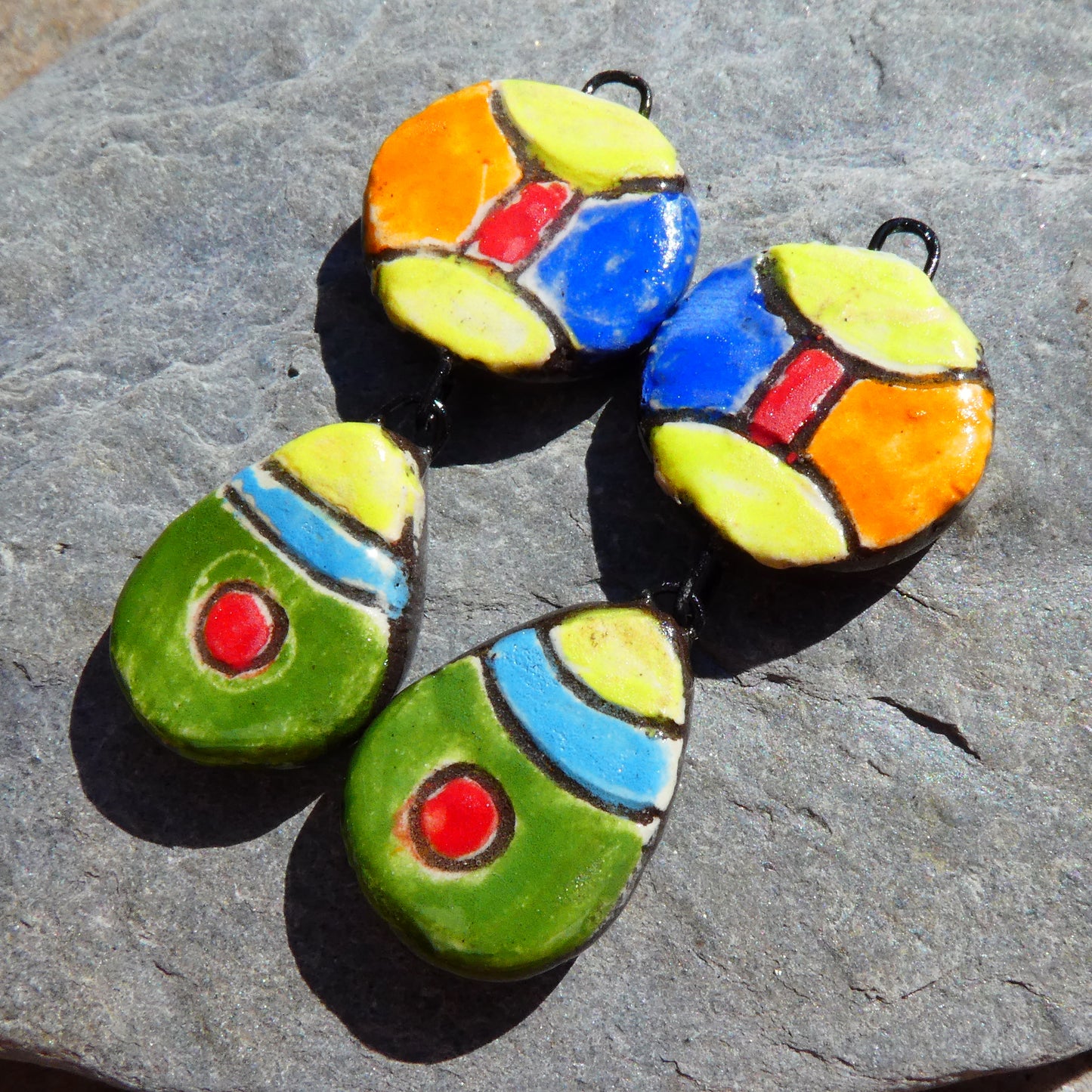 Ceramic Sgraffito Disc and Teardrop Dangles #4