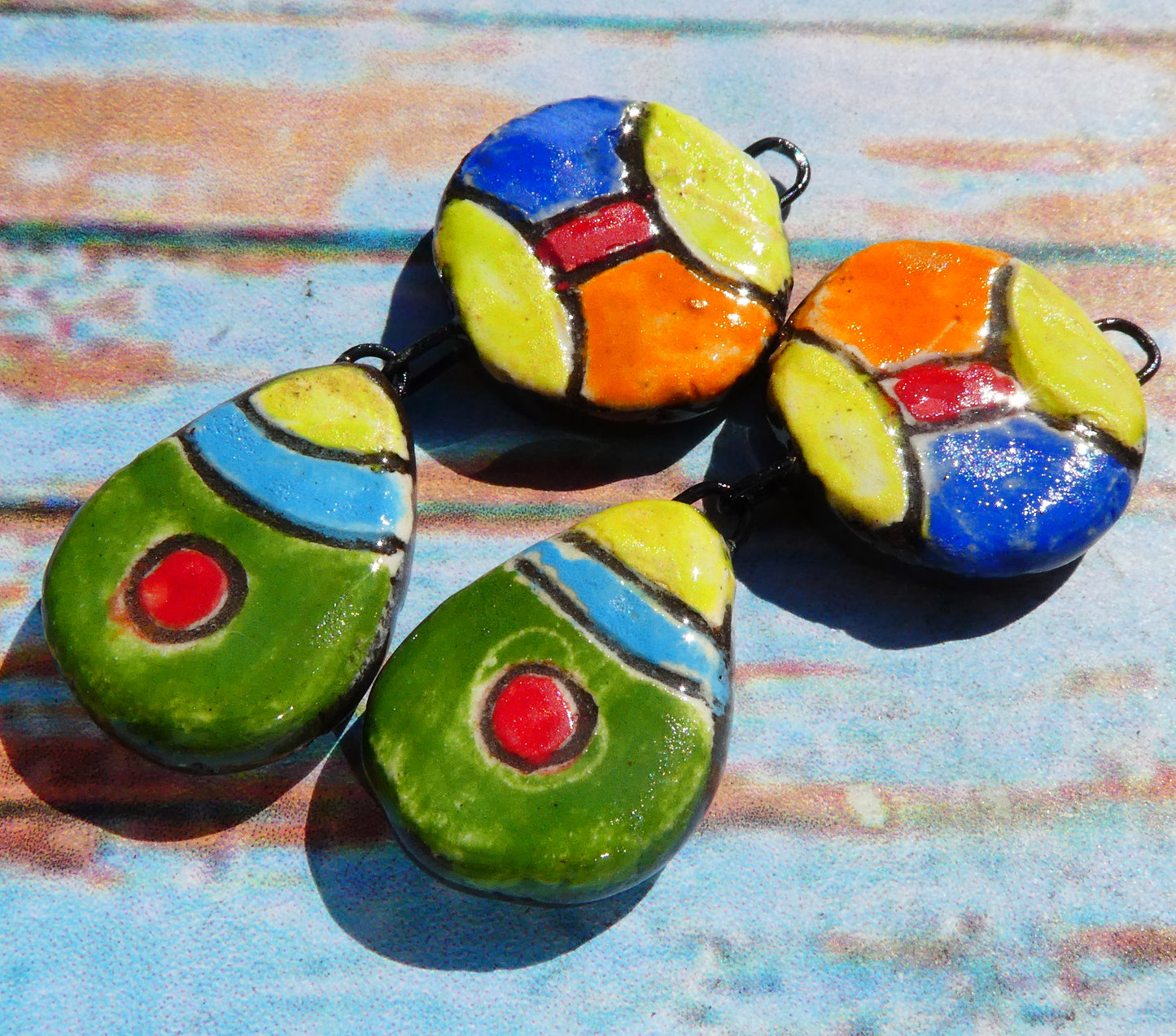 Ceramic Sgraffito Disc and Teardrop Dangles #4