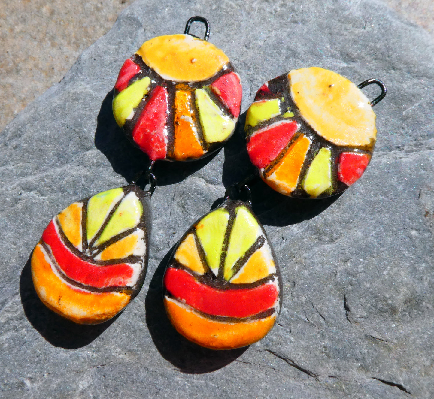 Ceramic Sgraffito Disc and Teardrop Dangles #7
