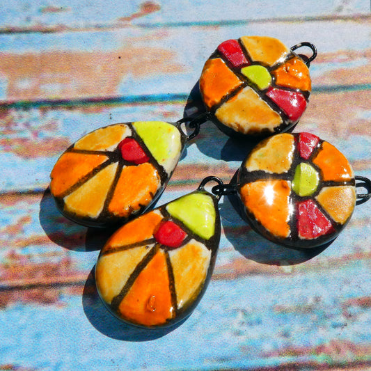 Ceramic Sgraffito Disc and Teardrop Dangles #8