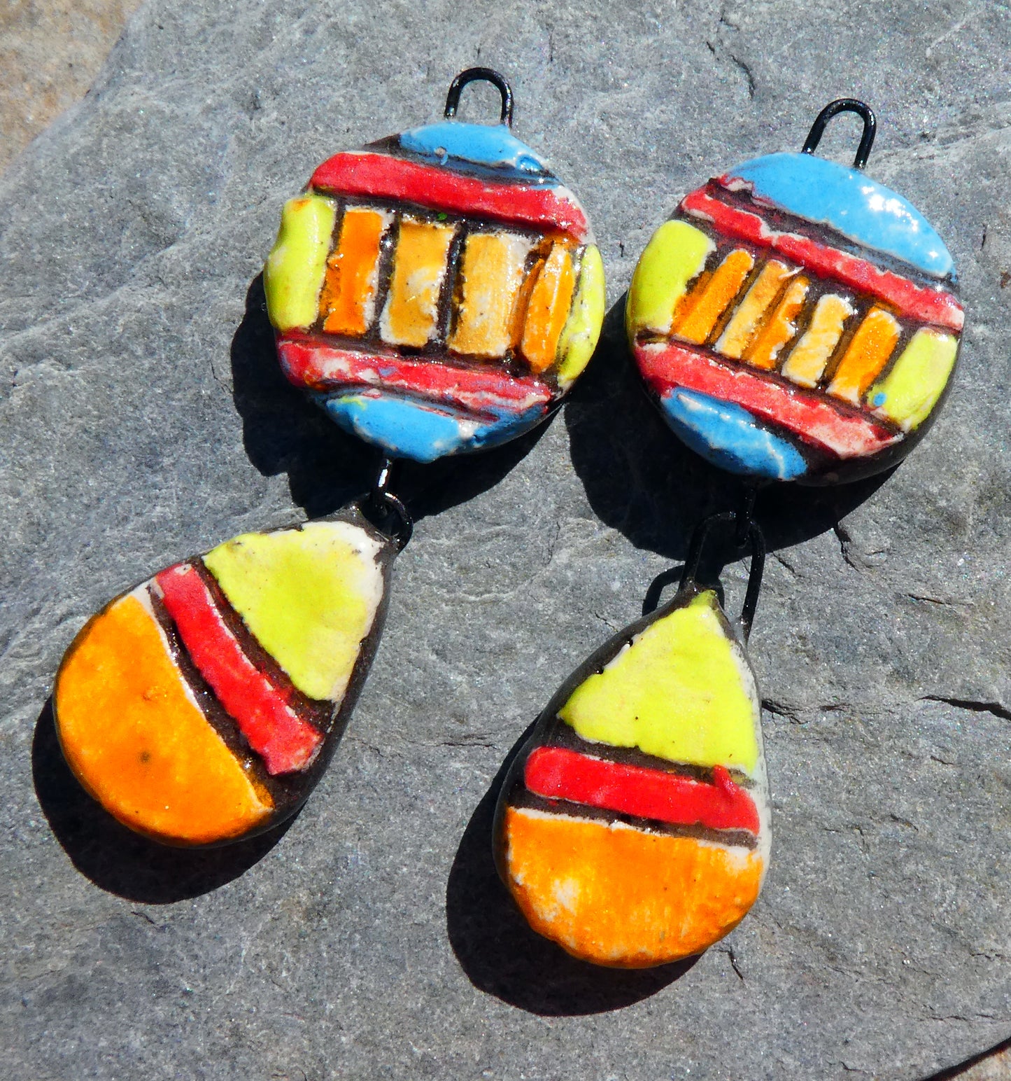 Ceramic Sgraffito Disc and Teardrop Dangles #9