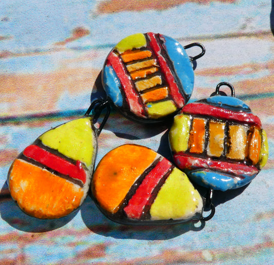 Ceramic Sgraffito Disc and Teardrop Dangles #9
