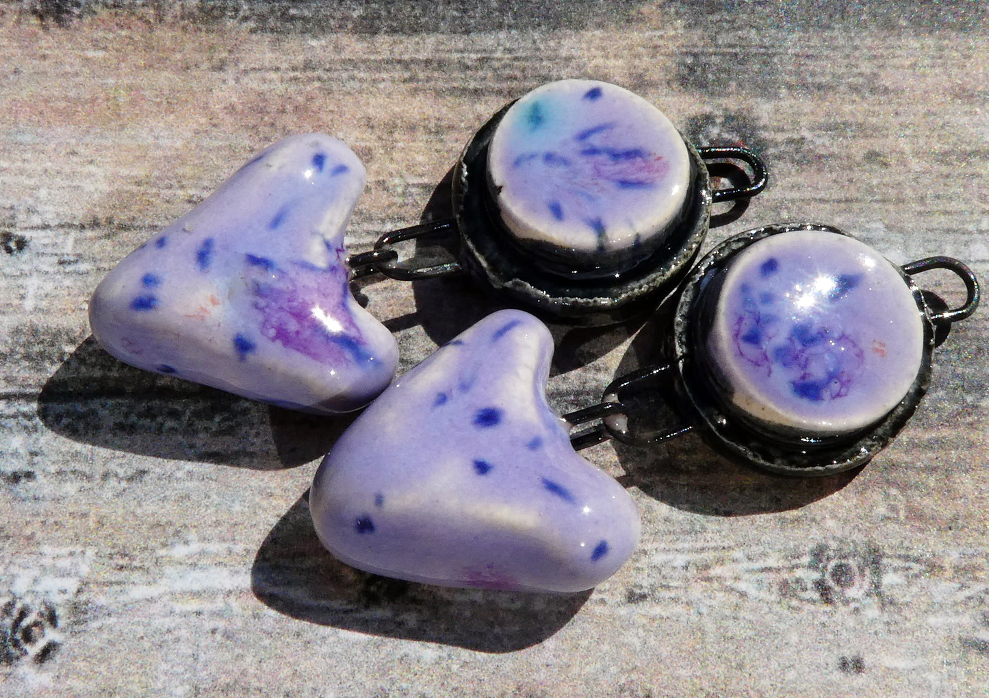 Ceramic Moulded Disc and Heart Dangles - Purple Reign